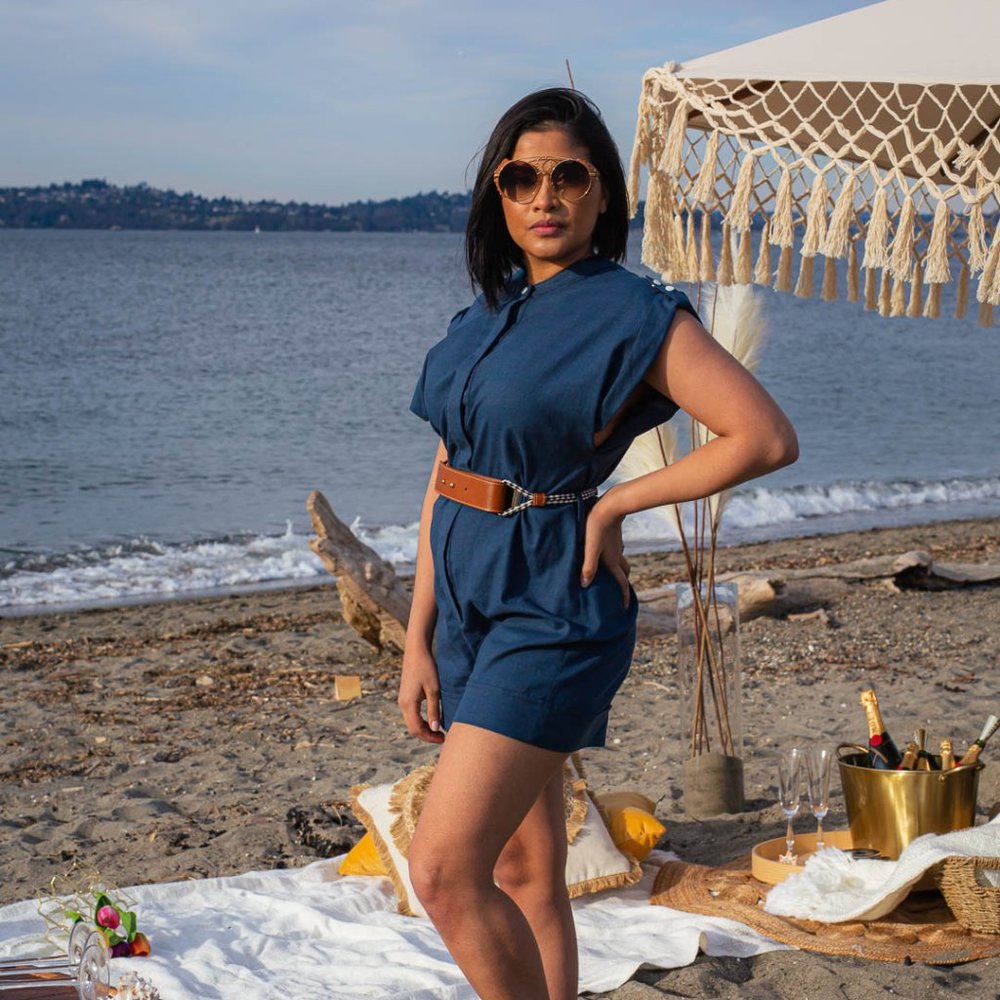 Short Denim Jumpsuit With Brown Belt